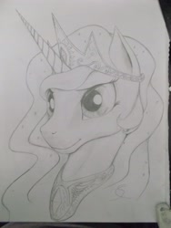 Size: 3216x4288 | Tagged: safe, artist:scribblepwn3, princess celestia, alicorn, pony, bust, monochrome, pencil drawing, portrait, solo, traditional art