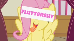 Size: 1024x576 | Tagged: safe, fluttershy, pegasus, pony, female, licking, mare, pink mane, yellow coat