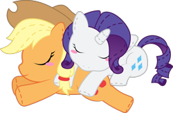 Size: 6906x4500 | Tagged: safe, artist:fehlung, applejack, rarity, earth pony, pony, unicorn, absurd resolution, blushing, female, lesbian, rarijack, shipping, snuggling