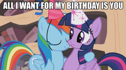 Size: 895x500 | Tagged: safe, derpibooru import, edit, screencap, rainbow dash, twilight sparkle, twilight sparkle (alicorn), alicorn, pegasus, pony, cute, female, image macro, implied twidash, lesbian, mare, meme, shipping, twidash