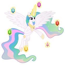 Size: 8500x8500 | Tagged: safe, artist:osipush, artist:techrainbow, princess celestia, alicorn, pony, absurd resolution, element of generosity, element of honesty, element of kindness, element of laughter, element of loyalty, element of magic, elements of harmony, ethereal mane, female, flying, horn, implied princess luna, inkscape, levitation, magic, mare, offscreen character, reaching out, simple background, solo, spread wings, telekinesis, transparent background, vector, wings