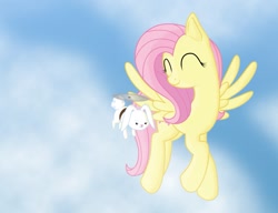 Size: 1021x783 | Tagged: safe, artist:gray-wolf11, angel bunny, fluttershy, pegasus, pony, cloud, cloudy, flying, sky