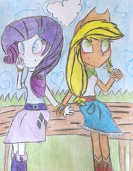 Size: 1270x1634 | Tagged: safe, artist:fizzy-soda, applejack, rarity, equestria girls, blushing, female, holding hands, lesbian, rarijack, shipping, traditional art