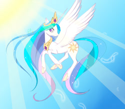 Size: 800x700 | Tagged: safe, artist:xxpyreflyexx, princess celestia, alicorn, pony, crepuscular rays, flying, solo