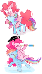 Size: 650x1150 | Tagged: safe, artist:pinkablue, derpibooru import, pinkie pie, rainbow dash, earth pony, pegasus, pony, cute, female, hat, lesbian, mare, pinkiedash, pirate hat, shipping