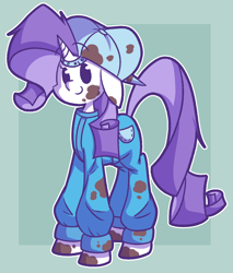 Size: 970x1137 | Tagged: safe, artist:typhwosion, rarity, pony, unicorn, backwards ballcap, baseball cap, beady eyes, cap, clothes, cute, dirty, floppy ears, hat, raribetes, solo