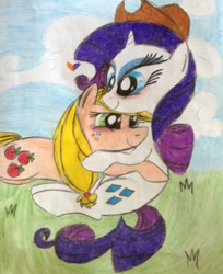 Size: 1289x1578 | Tagged: safe, artist:fizzy-soda, applejack, rarity, earth pony, pony, unicorn, accessory swap, blushing, female, lesbian, rarijack, shipping, traditional art