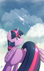 Size: 1200x1920 | Tagged: safe, artist:laptop-pone, twilight sparkle, twilight sparkle (alicorn), alicorn, pony, cloud, female, mare, plot, signature, sky, smiling, solo, twibutt, wide hips