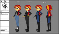 Size: 3244x1881 | Tagged: safe, artist:invisibleink, sunset shimmer, equestria girls, alternate hairstyle, bodysuit, boots, catsuit, clothes, devious, devious face, fanfic, fanfic art, fingerless gloves, gloves, human sunset, jacket, jeans, long hair, pants, ponytail, reference sheet, serious, serious face, shirt, shoes, show accurate, smiling, smirk, spy suit