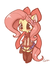 Size: 720x960 | Tagged: safe, artist:lumineko, fluttershy, pegasus, pony, semi-anthro, bipedal, blushing, bow, clothes, cute, scarf, schoolgirl, shyabetes, skirt, solo