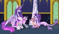 Size: 3612x2125 | Tagged: safe, artist:sugaryicecreammlp, starlight glimmer, twilight sparkle, twilight sparkle (alicorn), oc, oc:aura sparkle, oc:magic star, alicorn, pony, unicorn, alicorn oc, chest fluff, curved horn, female, filly, glasses, horn, leonine tail, mare, offspring, parent:flash sentry, parent:starlight glimmer, parent:sunburst, parent:twilight sparkle, parents:flashlight, parents:starburst, unshorn fetlocks