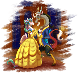 Size: 1024x958 | Tagged: safe, artist:stepandy, discord, princess celestia, alicorn, draconequus, pony, semi-anthro, alternate hairstyle, beast, beauty and the beast, belle, bipedal, clothes, crossover, curved horn, dislestia, disney, disney princess, disney style, dress, female, gown, horn, male, shipping, simple background, straight, style emulation, transparent background