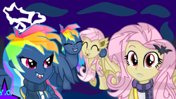 Size: 1288x724 | Tagged: safe, artist:yaycelestia0331, derpibooru import, evil pie hater dash, fluttershy, rainbow dash, bat pony, equestria girls, secrets and pies, adorapiehater, barrette, bat ponified, clothes, cute, equestria girls interpretation, flutterbat, lightning, race swap, scarf, scene interpretation, shyabates, shyabetes, smiling