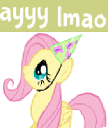 Size: 316x373 | Tagged: safe, edit, fluttershy, pegasus, pony, ayy lmao, expand dong, exploitable meme, faic, hat, meme, party hat