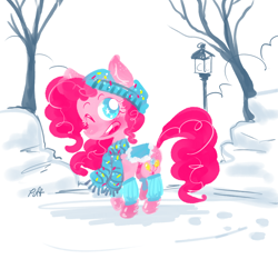 Size: 1280x1195 | Tagged: safe, artist:puffpink, pinkie pie, earth pony, pony, clothes, hat, lamppost, leg warmers, scarf, snow, solo, starry eyes, wingding eyes, winter