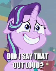 Size: 650x815 | Tagged: safe, edit, edited screencap, screencap, starlight glimmer, pony, unicorn, student counsel, caption, cropped, floppy ears, grin, image macro, nervous, nervous grin, question, smiling, solo, starlight glimmer is best facemaker, text