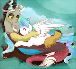 Size: 1005x905 | Tagged: safe, artist:chocolateponi, discord, princess celestia, alicorn, pony, cuddling, cute, dislestia, female, male, shipping, snuggling, straight