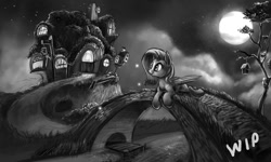 Size: 900x540 | Tagged: safe, artist:tsitra360, fluttershy, pegasus, pony, bridge, fluttershy's cottage, monochrome, moon, night, solo, wip