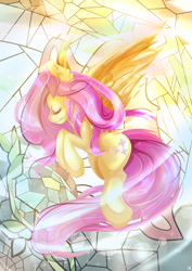 Size: 1024x1446 | Tagged: safe, artist:aaynra, fluttershy, pegasus, pony, eyes closed, solo, stained glass