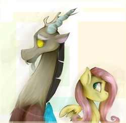 Size: 2038x2000 | Tagged: safe, artist:unilx, discord, fluttershy, pegasus, pony, discoshy, female, male, profile, shipping, straight