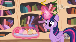 Size: 853x467 | Tagged: safe, derpibooru import, screencap, twilight sparkle, twilight sparkle (alicorn), alicorn, pony, daring don't, adorkable, cupcake, cute, dork, female, hat, levitation, magic, mare, national random holiday party day, party hat, smiling, solo, telekinesis