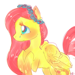 Size: 1000x1000 | Tagged: safe, artist:puffpink, fluttershy, pegasus, pony, crying, floral head wreath, solo