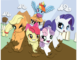 Size: 3054x2400 | Tagged: safe, artist:the-paper-pony, derpibooru import, apple bloom, applejack, rainbow dash, rarity, scootaloo, sweetie belle, earth pony, pegasus, pony, unicorn, commission, cutie mark crusaders, mud, shadowbox