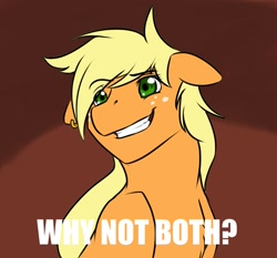 Size: 1259x1171 | Tagged: safe, artist:tattoorex, applejack, earth pony, pony, earring, floppy ears, grin, meme, parody, smiling, solo, why not both