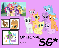 Size: 1508x1220 | Tagged: safe, artist:floreflo300, edit, edited screencap, screencap, applejack, fluttershy, pinkie pie, rainbow dash, rarity, spike, starlight glimmer, sunset shimmer, twilight sparkle, twilight sparkle (alicorn), alicorn, dragon, earth pony, pegasus, pony, squirrel, unicorn, alicornified, base, female, flying, group, hat, horn, male, mane seven, mane six, mane six opening poses, mare, prone, race swap, shimmercorn