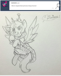 Size: 1036x1300 | Tagged: safe, artist:chautung, derpy hooves, jewelry, pencil drawing, princess derpy, regalia, request, requested art, sketch, traditional art