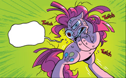 Size: 1252x774 | Tagged: safe, artist:brendahickey, edit, idw, pinkie pie, earth pony, pony, spoiler:comic, spoiler:comicff12, exploitable, floppy ears, heterochromia, hoof biting, messy mane, mismatched eyes, nervous, pinkamena diane pie, shivering, sweat, wide eyes