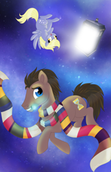 Size: 800x1236 | Tagged: safe, artist:karzii, derpy hooves, doctor whooves, earth pony, pegasus, pony, clothes, cute, doctor who, female, male, mare, mouth hold, scarf, smiling, sonic screwdriver, stallion, tardis