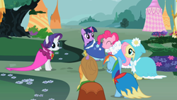 Size: 640x360 | Tagged: safe, derpibooru import, screencap, applejack, fluttershy, pinkie pie, rainbow dash, rarity, twilight sparkle, unicorn twilight, earth pony, pegasus, pony, unicorn, secret of my excess, cape, clothes, female, group shot, mane six, mare, tent