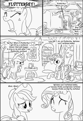 Size: 1041x1520 | Tagged: safe, artist:write-animate-design, applejack, fluttershy, rarity, anotherponyhorseshoe, blenderguy, body swap, comic book, monochrome, race swap