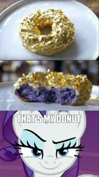 Size: 2000x3555 | Tagged: safe, screencap, rarity, pony, unicorn, made in manehattan, bread, donut, food, glitter, image macro, looking at you, meme, solo, that's my x