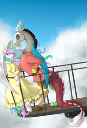 Size: 971x1427 | Tagged: safe, artist:ginjallegra, discord, princess celestia, anthro, unguligrade anthro, clothes, crossover, dislestia, dress, female, hat, howl's moving castle, male, shipping, sky, straight, studio ghibli