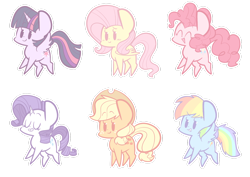 Size: 1280x904 | Tagged: safe, artist:typhwosion, derpibooru import, applejack, fluttershy, pinkie pie, rainbow dash, rarity, twilight sparkle, twilight sparkle (alicorn), alicorn, earth pony, pegasus, pony, unicorn, chibi, cowboy hat, eyes closed, female, hat, mane six, mare, outline, simple background, smiling, transparent background