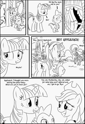 Size: 1043x1523 | Tagged: safe, artist:write-animate-design, applejack, fluttershy, spike, twilight sparkle, anotherponyhorseshoe, blenderguy, body swap, comic book, monochrome, race swap