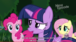 Size: 635x356 | Tagged: safe, derpibooru import, screencap, fluttershy, pinkie pie, twilight sparkle, twilight sparkle (alicorn), alicorn, earth pony, pegasus, pony, daring don't, meme, youtube caption