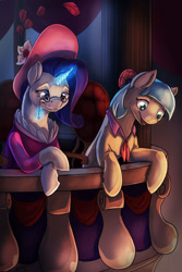 Size: 1000x1500 | Tagged: safe, artist:blindcoyote, coco pommel, rarity, pony, unicorn, balcony, chair, clothes, dress, glasses, hat, magic, older, opera, telekinesis