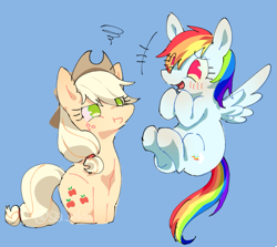 Size: 821x731 | Tagged: safe, artist:sa-eku, derpibooru import, applejack, rainbow dash, earth pony, pegasus, pony, :t, chibi, cute, dashabetes, female, grumpy, jackabetes, mare, smiling