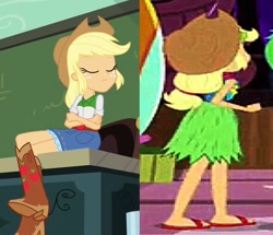 Size: 1258x1080 | Tagged: safe, screencap, applejack, equestria girls, rainbow rocks, shake your tail, feet, hawaiian, hula, hulajack, sandals