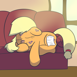 Size: 2000x2000 | Tagged: safe, artist:abstract-spectrum, applejack, earth pony, pony, implied lesbian, implied rarijack, kiss mark, lipstick, note, sleeping, sofa, solo