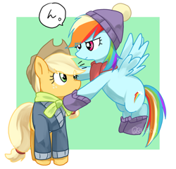 Size: 824x794 | Tagged: safe, artist:sa-eku, derpibooru import, applejack, rainbow dash, earth pony, pegasus, pony, best gift ever, abstract background, boots, clothes, coat, female, freckles, hat, mare, scarf, shoes, speech bubble