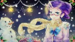 Size: 1920x1080 | Tagged: safe, artist:miniiming, rarity, human, clothes, glasses, horned humanization, humanized, present, scarf, shirt, snowman, solo