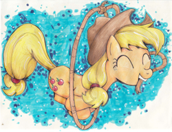 Size: 2424x1864 | Tagged: safe, artist:ilacavgbmjc, applejack, earth pony, pony, eyes closed, jumping, lasso, mouth hold, solo, traditional art