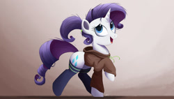 Size: 2000x1138 | Tagged: safe, artist:ncmares, rarity, pony, unicorn, alternate hairstyle, chest fluff, clothes, cute, female, hoodie, mare, messy mane, ncmares is trying to murder us, open mouth, ponytail, raised hoof, raribetes, smiling, socks, solo, sweater