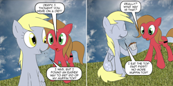 Size: 1204x600 | Tagged: safe, artist:loceri, derpy hooves, oc, oc:pun, earth pony, pony, ask pun, female, food, mare, muffin, pun, tumblr