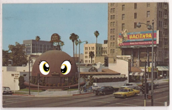 Size: 1024x655 | Tagged: safe, artist:marmelmm, artist:thenaro, derpy hooves, brown derby, derp, hollywood, postcard, shooped