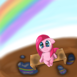 Size: 1000x1000 | Tagged: safe, artist:ushiro no kukan, pinkie pie, earth pony, pony, crying, cute, cuteamena, looking up, pinkamena diane pie, pixiv, rainbow, sitting, solo